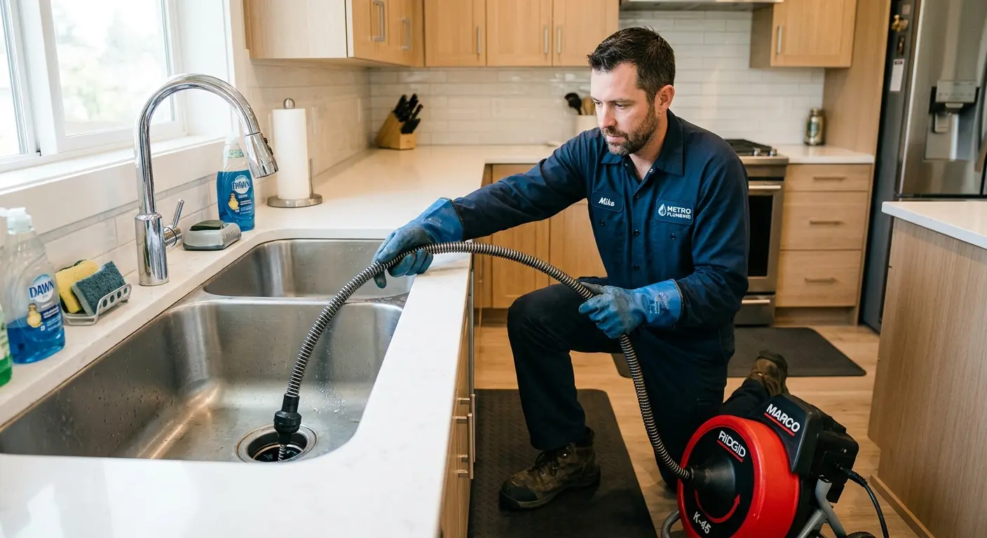 Drain cleaning technician using a motorized snake on a kitchen sink in Marco Island