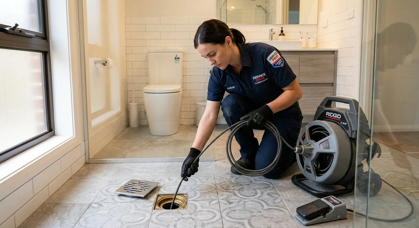 Technician clearing a bathroom floor drain for Drain Cleaning in Marco Island